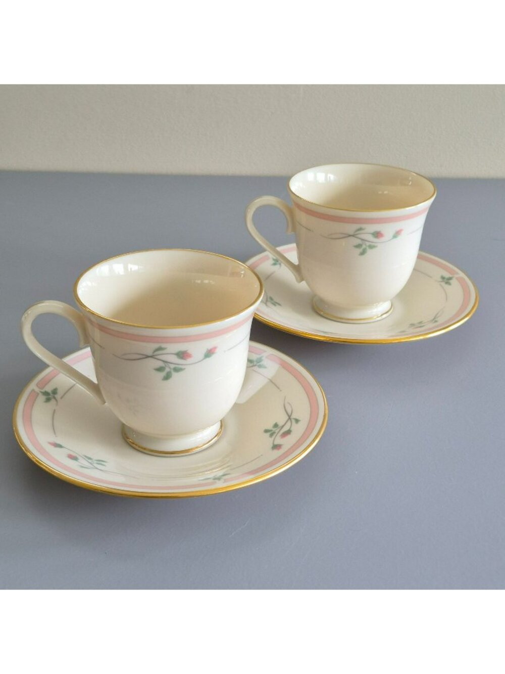 Lenox Rose Manor Pink Footed Cup & Saucer 2 Sets, Granny Chic, c1985-99 USA